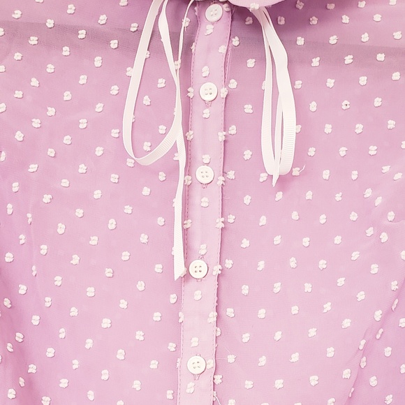 NEW Sheer Button-Up Blouse in Lavender Dots Long Sleeve - Picture 6 of 8